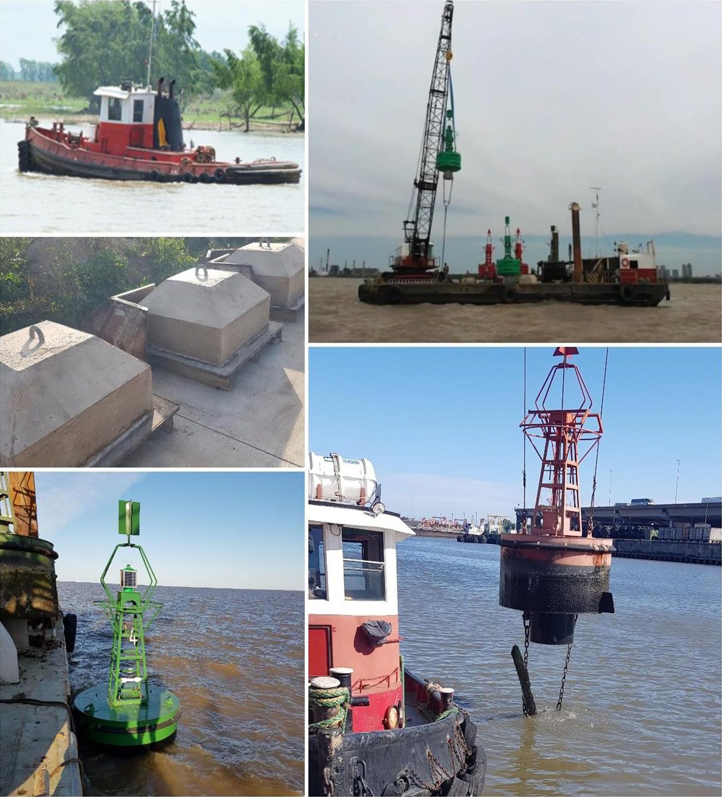 Boyas, muertos de hormigón y pontón grúa para balizamiento